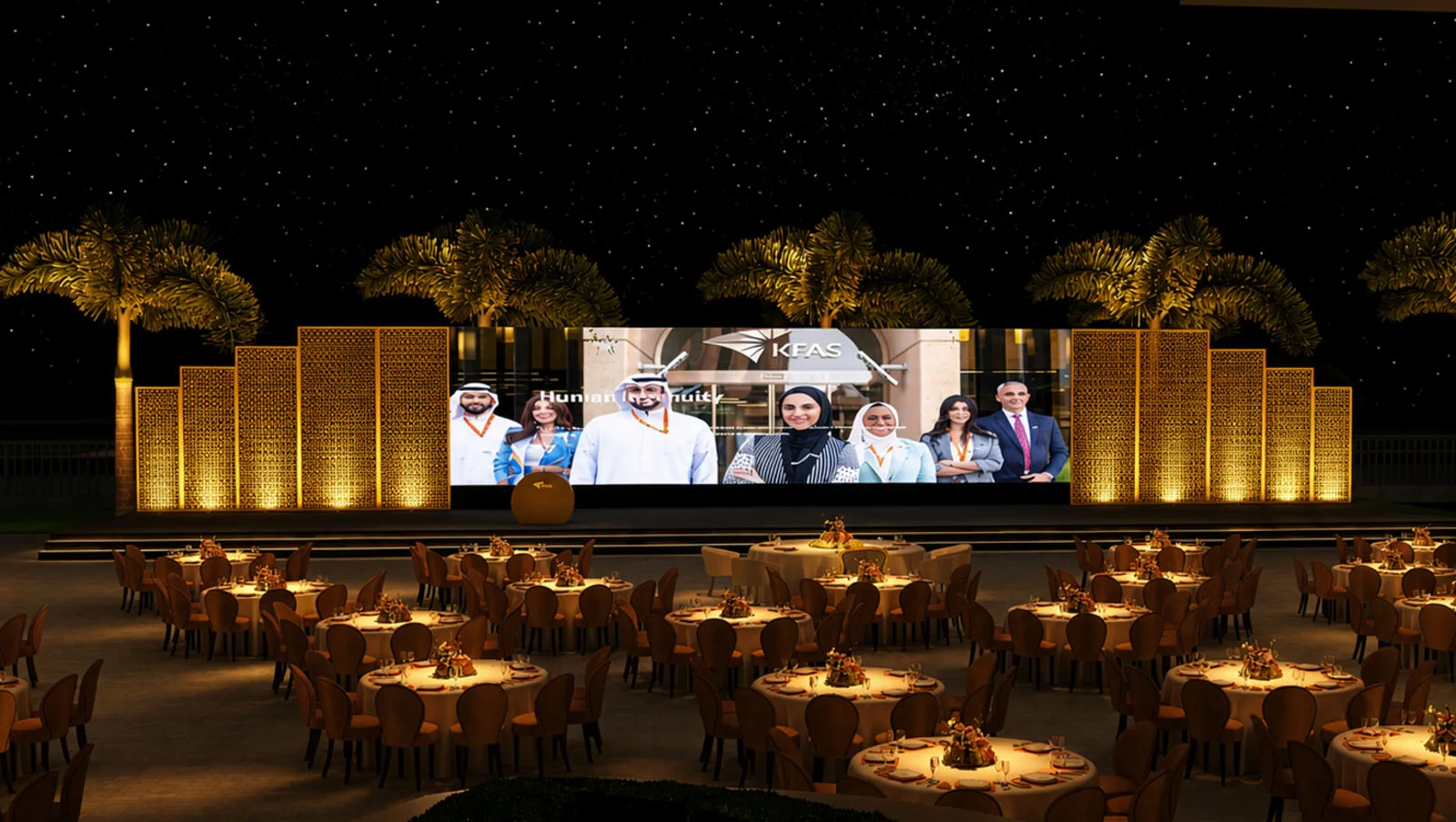 KFAS 50th Anniversary gala event — gold-lit ceremonial stage designed by Mahmoud Elkordy